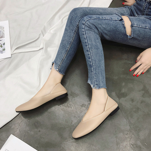 Flat single shoes for women 2024 spring new Korean version versatile shallow mouth retro grandma shoes square toe simple two-wear beanie shoes