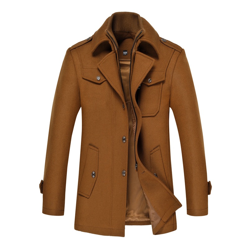 Suministro transfronterizo de abrigos de lana para hombre de otoño e invierno con cuello de doble capa y protección para el cuello, gabardina de longitud media para hombre, chaqueta de lana informal