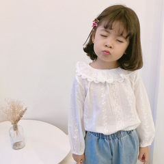 Girls spring and autumn new style children's long-sleeved shirt lace collar shirt simple solid color doll shirt drop shipping