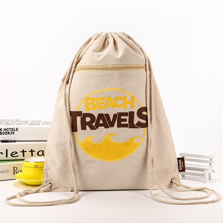 厂家定制全棉帆布束口袋可印logo创意隔层拉链抽绳帆布双肩背包袋