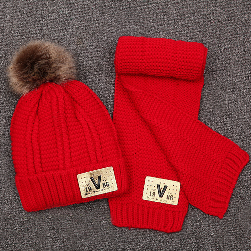 冬季新款儿童帽子创意大V毛球加绒保暖毛线帽围巾二件套装批发