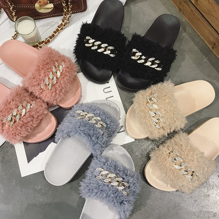 Модные женские пушистые тапочки с цепочкой на осень-зиму 2024 года, нескользящие, для улицы.