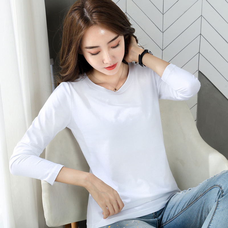 249 Round Neck Long-Sleeved T-Shirt for Women, Simple Pure Color Cotton V Neck Autumn and Winter Large Size Inner T-Shirt, Casual and Versatile
