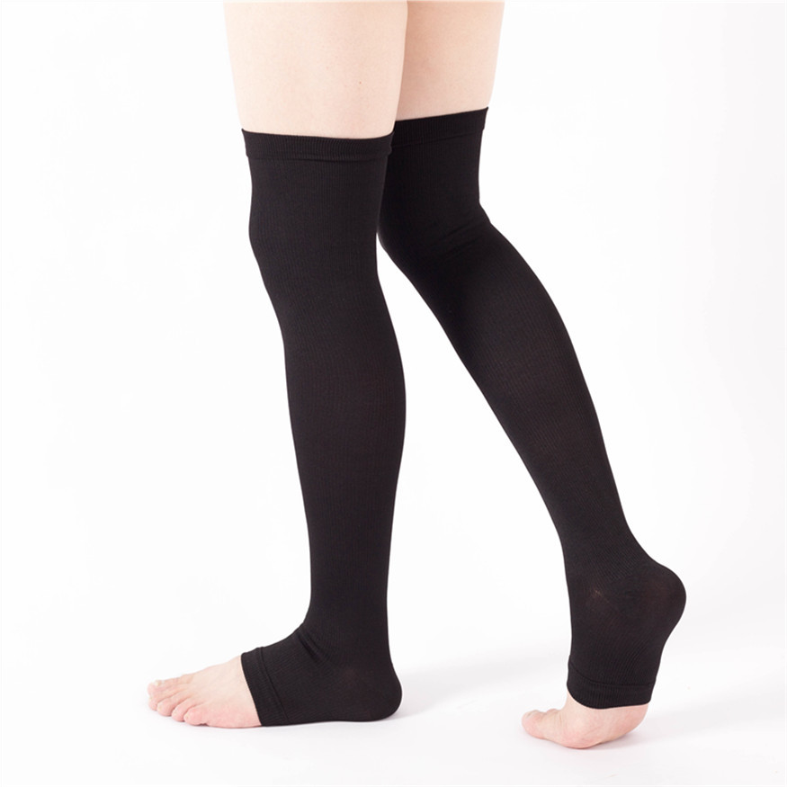 Primavera y otoño sobre la rodilla calcetines largos de pierna apretados hombres y mujeres deportes calcetines de compresión de Punta abierta calcetines de nylon fábrica al por mayor estiramiento anti-curvado