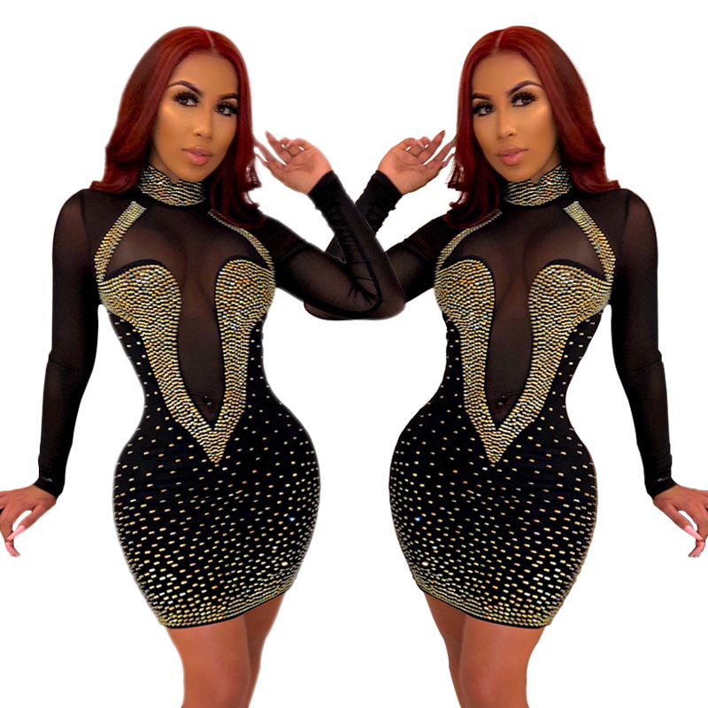 Transfronterizo nuevo deseo AliExpress Amazon mujeres de Europa y América rhinestone caliente de malla sexy vestido de discoteca H3281 image 7