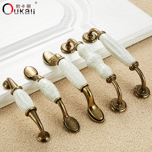 Okali European style ceramic crack handle hardware accessories cabinet furniture drawer antique green hardware handle
