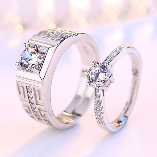 Cross-border pattern six-claw open ring couple ring for men and women six-claw wedding ring live ring jewelry factory supply