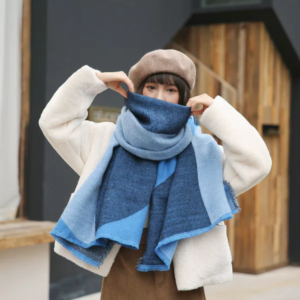 Blue semicircle geometric color matching student cashmere thick warm Super scarf autumn and winter women's large shawl dual-purpose