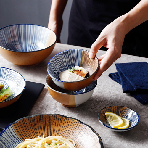 百诺日式釉下彩陶瓷米饭碗面碗汤碗菜盘牛排盘创意双面汤盘酱料碟