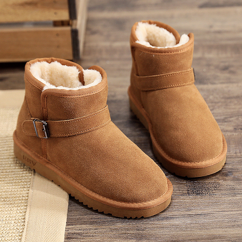 New cowhide snow boots women's short boots thick fur one non-slip bread shoes cotton shoes_voghion.com