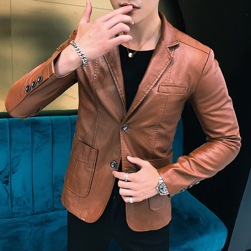 2024 otoño ropa de cuero de PU para hombres, chaqueta de cuero con cuello de traje delgado para jóvenes, chaqueta de cuero informal de negocios para hombres, chaqueta de cuero para hombres