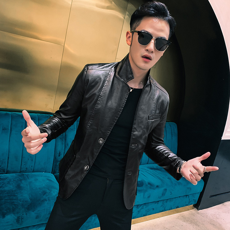 2024 otoño ropa de cuero de PU para hombres, chaqueta de cuero con cuello de traje delgado para jóvenes, chaqueta de cuero informal de negocios para hombres, chaqueta de cuero para hombres