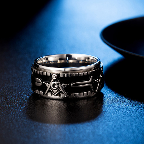 Amazon Rotatable Titanium Steel Masonic Ring Men's Large Wrench Ring Hand Jewelry Wholesale