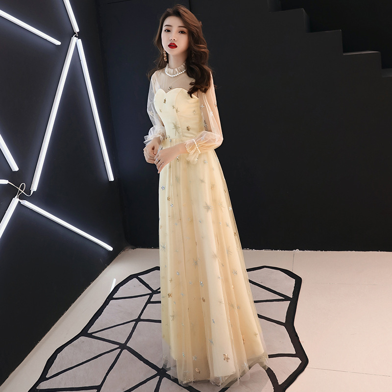 Vestido de noche negro para mujer, nuevo estilo 2025, elegante para banquetes, vestido largo de manga larga con temperamento elegante para reuniones de sociedad