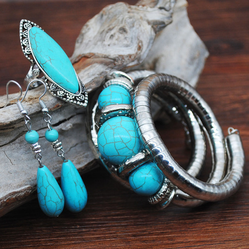 Cross-border ethnic style turquoise sweater chain beaded necklace women's jewelry earrings ring jewelry set Yiwu accessories