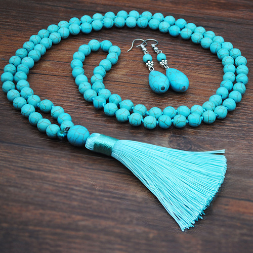Cross-border ethnic style turquoise sweater chain beaded necklace women's jewelry earrings ring jewelry set Yiwu accessories