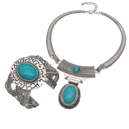 Cross-border ethnic style turquoise sweater chain beaded necklace women's jewelry earrings ring jewelry set Yiwu accessories