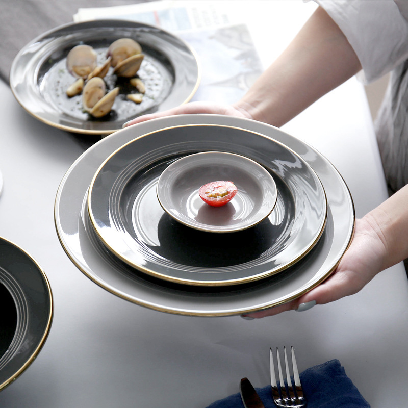 Hogar Nordic borde dorado de cerámica comer tazón grande plato de sopa de fideos plato de arroz negro y gris vajilla