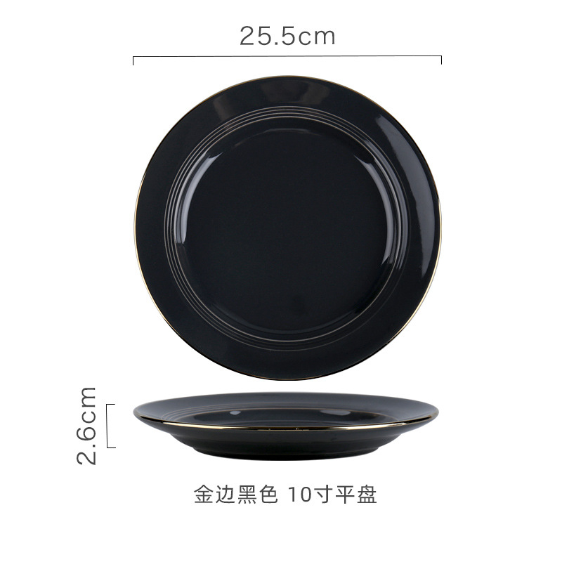 Hogar Nordic borde dorado de cerámica comer tazón grande plato de sopa de fideos plato de arroz negro y gris vajilla