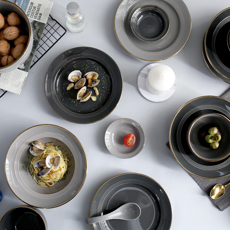 Hogar Nordic borde dorado de cerámica comer tazón grande plato de sopa de fideos plato de arroz negro y gris vajilla