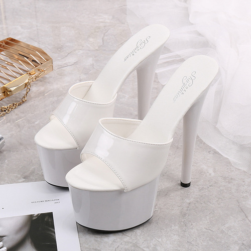 181-13 Patent Leather Pumps High Heels Stiletto Sexy Black Waterproof Platform Over-the-Heels High Slippers for Women Summer