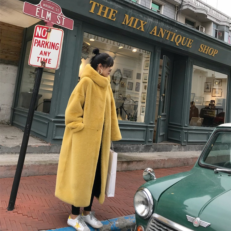 2023 New Autumn and Winter Korean Style Imitation Mink Fur Thickeneded Loose Plush Swing Hat Long Outwear for Women
