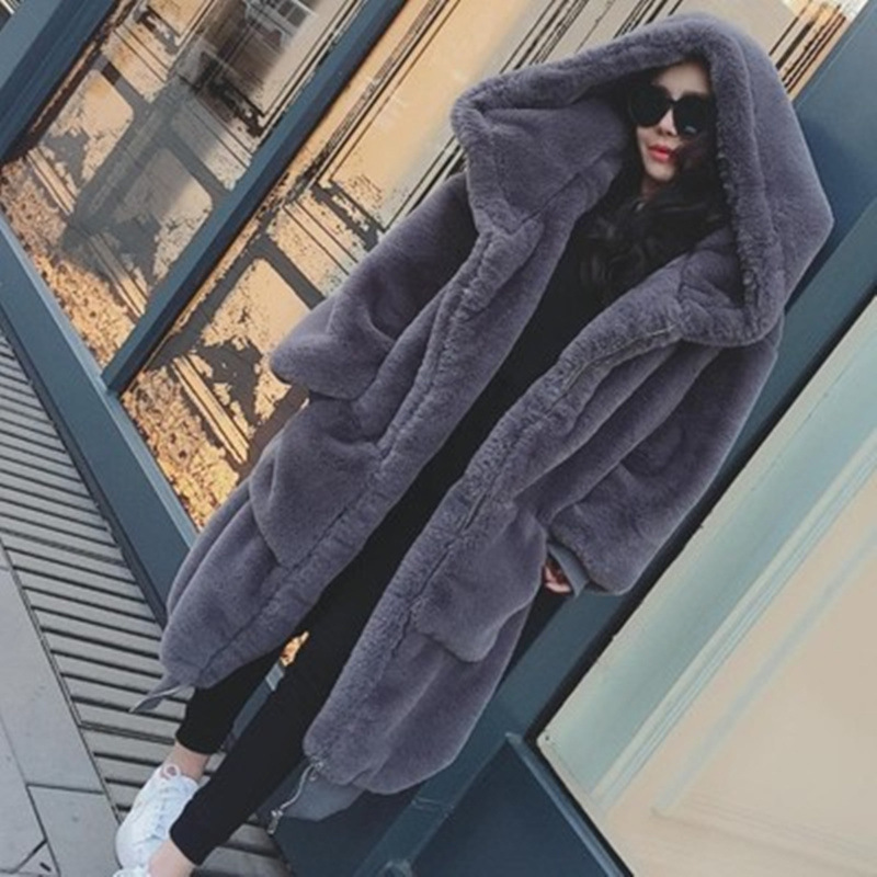 2023 Autumn and Winter New Gigi Same Imitation Rex Rabbit Fur Thickeneded Long Hooded Fur Outwear Fur Outwear for Women