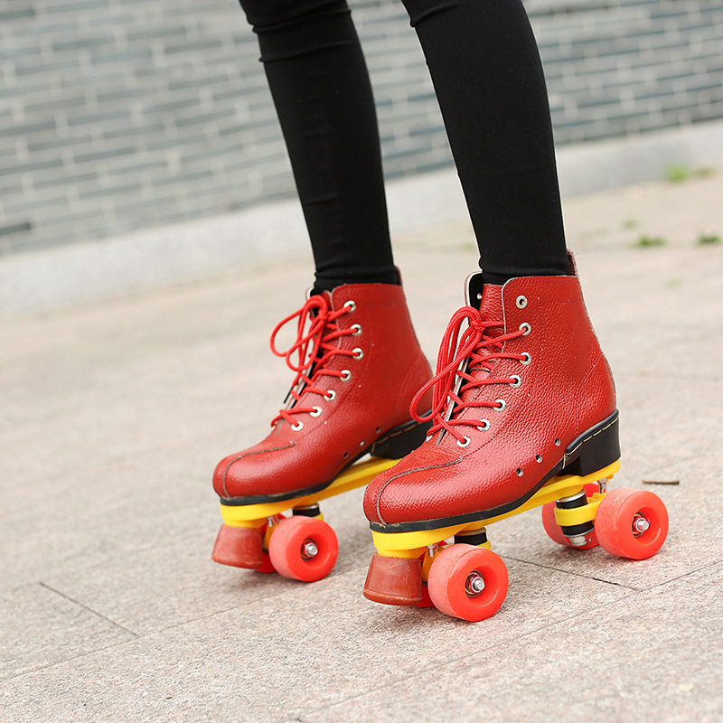 Nueva piel de vaca roja doble fila de patines adultos flash patines pista de patinaje deportes patines