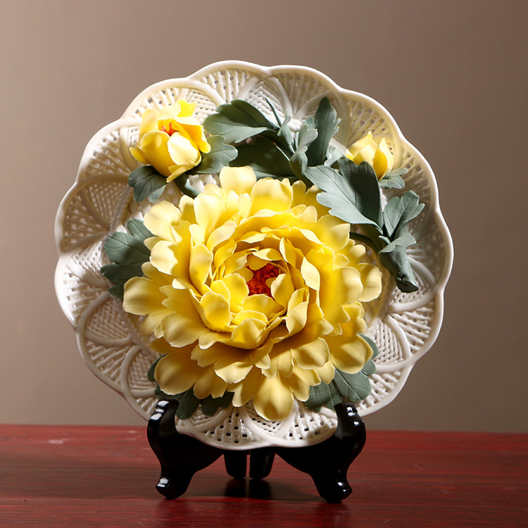 徳化手作り花卉掛け工芸品洛陽牡丹花陶磁器花盤創意客間装飾置物