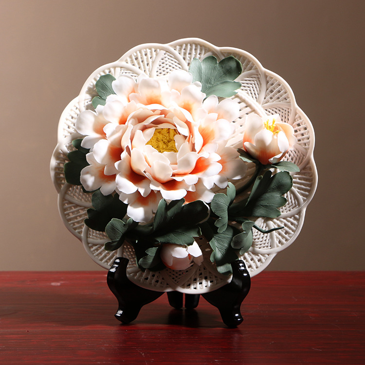 徳化手作り花卉掛け工芸品洛陽牡丹花陶磁器花盤創意客間装飾置物