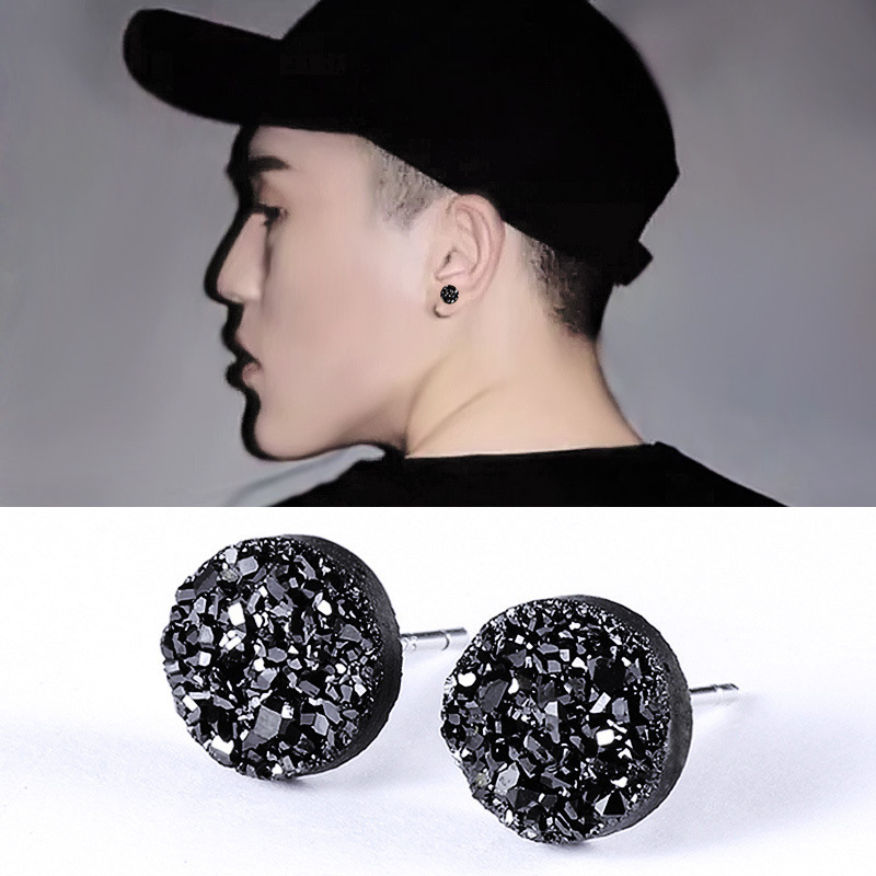 Stud Earrings Men's Trendy Black Single Korean Men's Simple Personality Temperament Crystal Cluster Internet Celebrity Women's Earrings