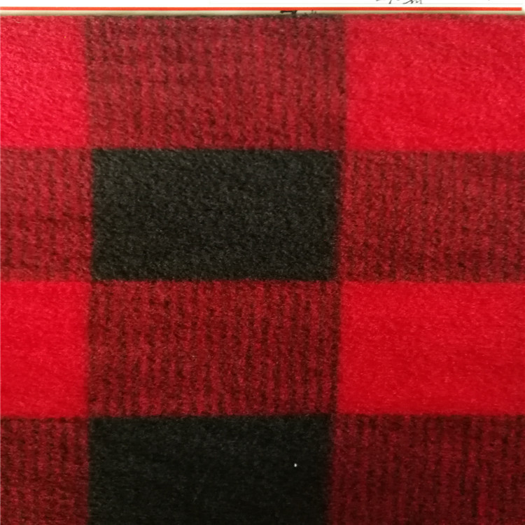 涤纶半光红黑格子印花摇粒绒（双刷单摇），休闲服装、家纺面料