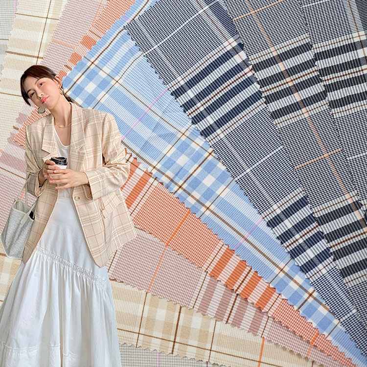 现货供应涤纶弹力大格子西装外套面料春秋女装外套时装布料格子布