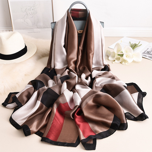  Korean Spring and Autumn New Sunscreen Silk Scarf for Women, Simulated Silk Shawl, Fashionable British Warm Long Thick Scarf