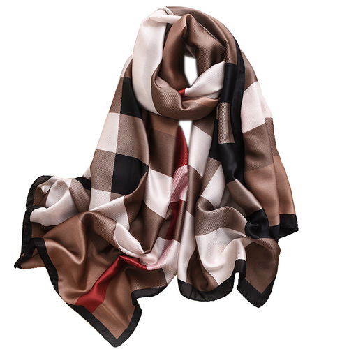 Korean Spring and Autumn New Sunscreen Silk Scarf for Women, Simulated Silk Shawl, Fashionable British Warm Long Thick Scarf