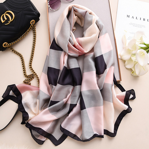  Korean Spring and Autumn New Sunscreen Silk Scarf for Women, Simulated Silk Shawl, Fashionable British Warm Long Thick Scarf
