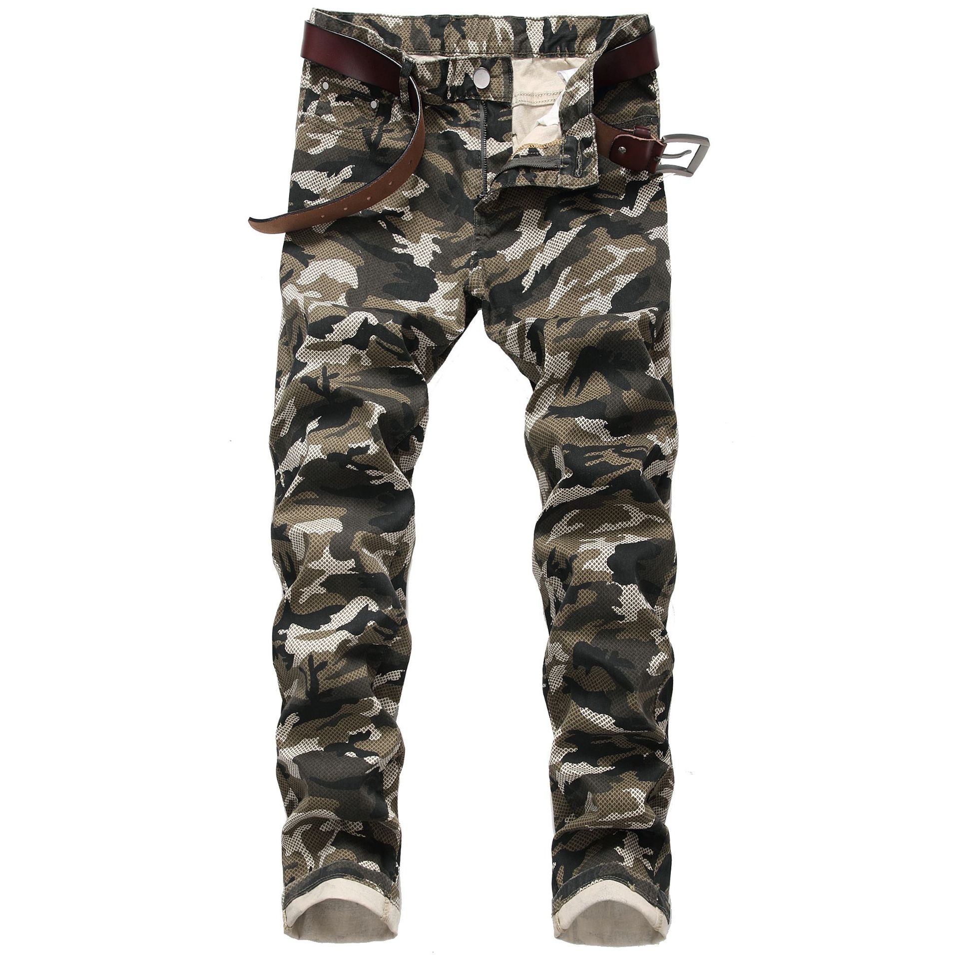 Oferta transfronteriza pantalones vaqueros de camuflaje de los hombres de la personalidad de los hombres Slim stretch ejército verde impreso pantalones Casuales