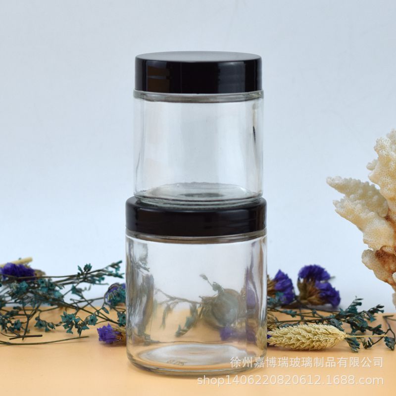 100ml240ml360ml500ml650黑色塑料盖密封玻璃罐防潮收纳瓶膏霜瓶