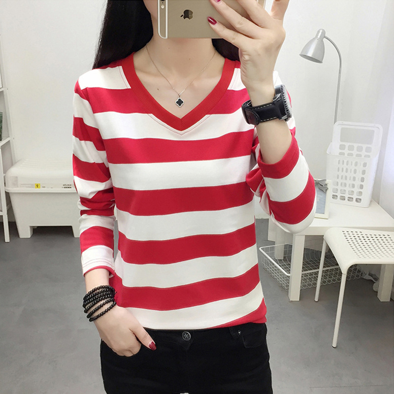 2025新款韩版春秋季加大码女装条纹V领T恤女长袖棉质百搭打底衫潮