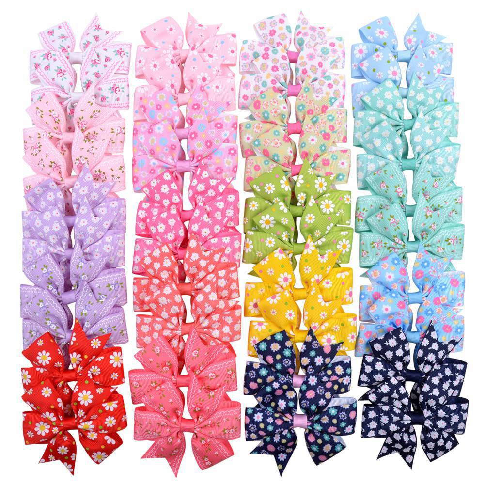 20 Color Printed Daisy Sunflower Dot Rib with Fishtail Bow Baby Hairpin Children's Headwear 039