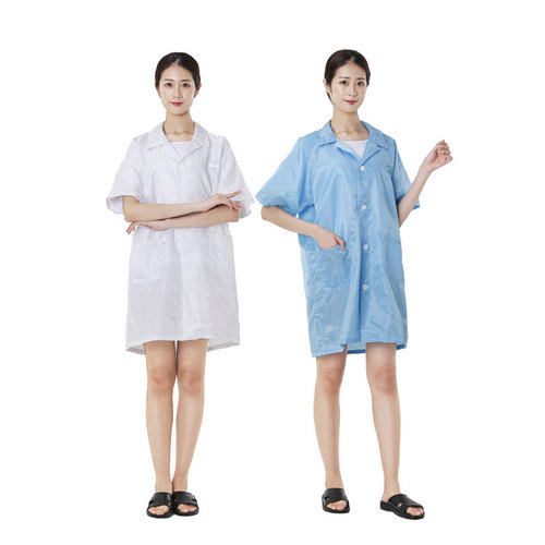 Dongguan Anti-static Short Sleeve Apron Workwear for Food and Pharmaceutical Cleanroom Dustproof Apron White and Blue Striped Clean Apron