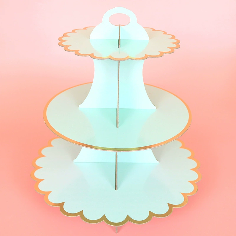 Disposable Three-Tier Paper Cake Stand, Gray Cardboard with Gold Edge, 35×30 cm