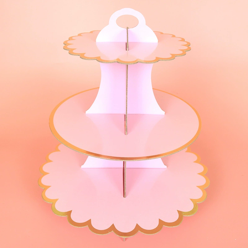 Disposable Three-Tier Paper Cake Stand, Gray Cardboard with Gold Edge, 35×30 cm