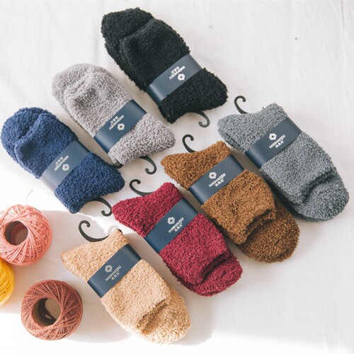 Autumn/Winter New Half-Fleece Coral Fleece Thick Warm Mid-Calf Men's Socks Solid Color Floor Socks Towel Socks Wholesale