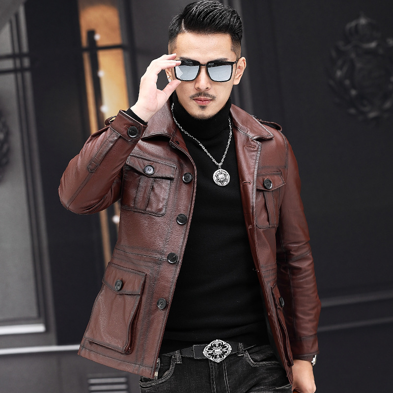 Autumn and winter new leather leather men's first layer cowhide jacket business casual men's hunting overalls can add Velvet