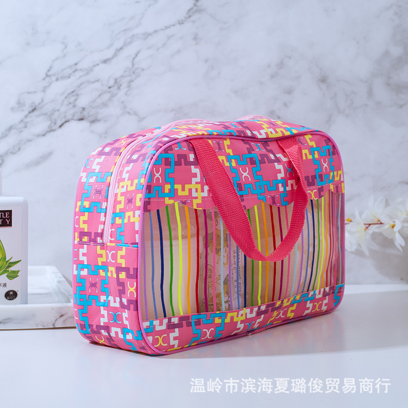 Suministro directo de fábrica gran capacidad color raya patrón lavado portátil de almacenamiento portátil PVC bolsa de cosméticos suministro directo de fábrica