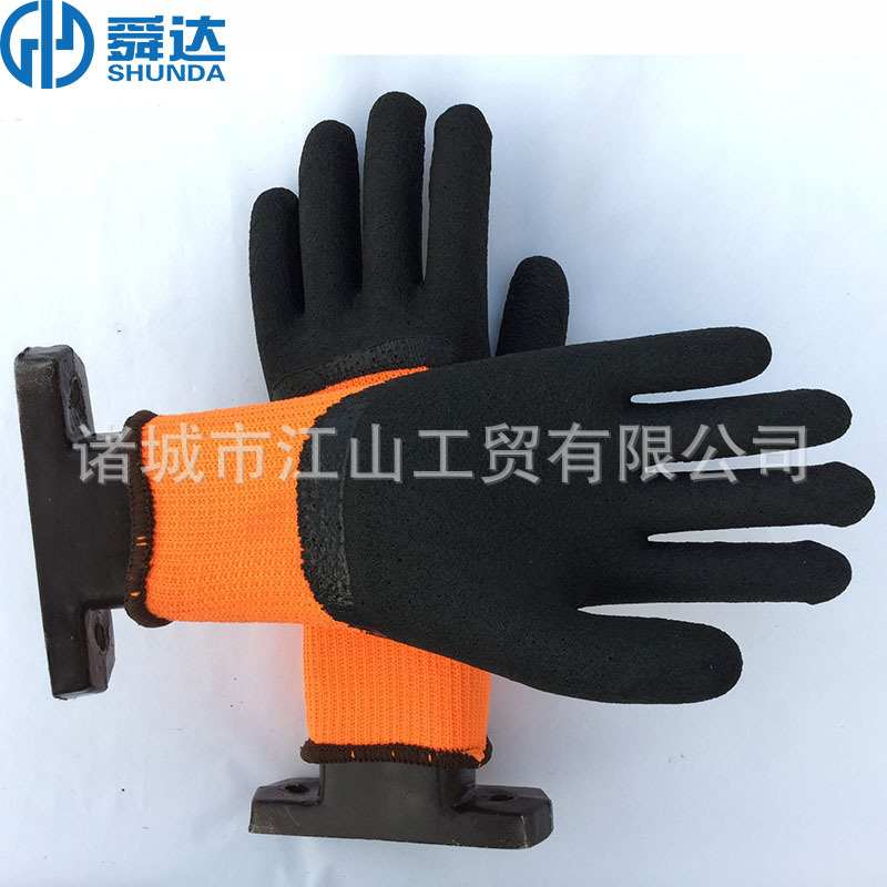 厂家供应浸胶防割防刺浸胶手套劳保手套毛圈半挂发泡橙纱黑保暖