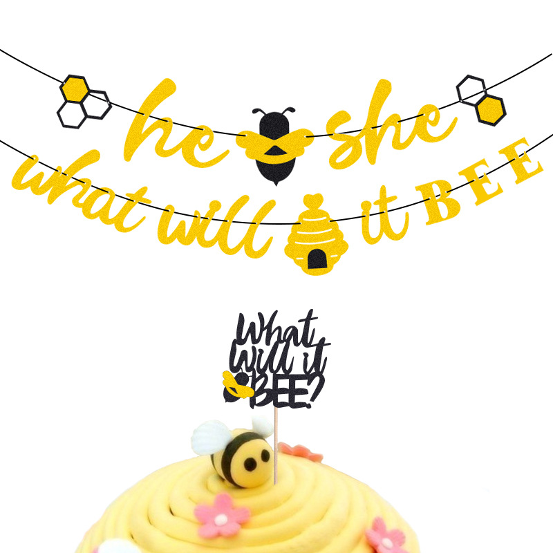 Tarjeta de fiesta de cumpleaños inserción baby shower BEE él ella lo que será BEE Glitter pull Flag