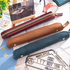Retro Minimalist Leather Apple Handwritten Calfskin Zipper Pen Case Pen Protector Portable Genuine Leather Mini Pen Pouch