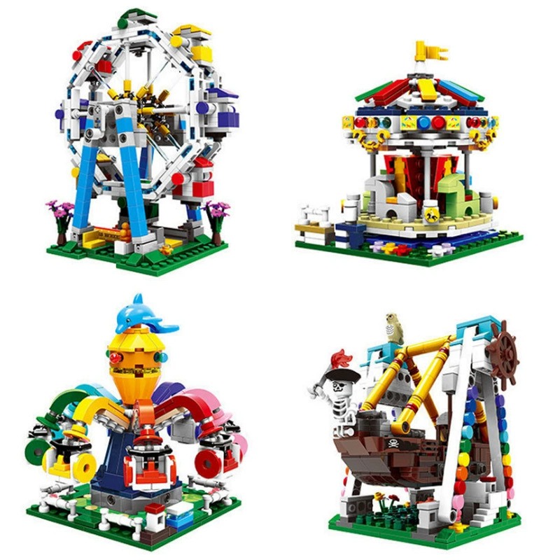 Constructor for amusement parks, Ferris wheel, train, toy, small particles